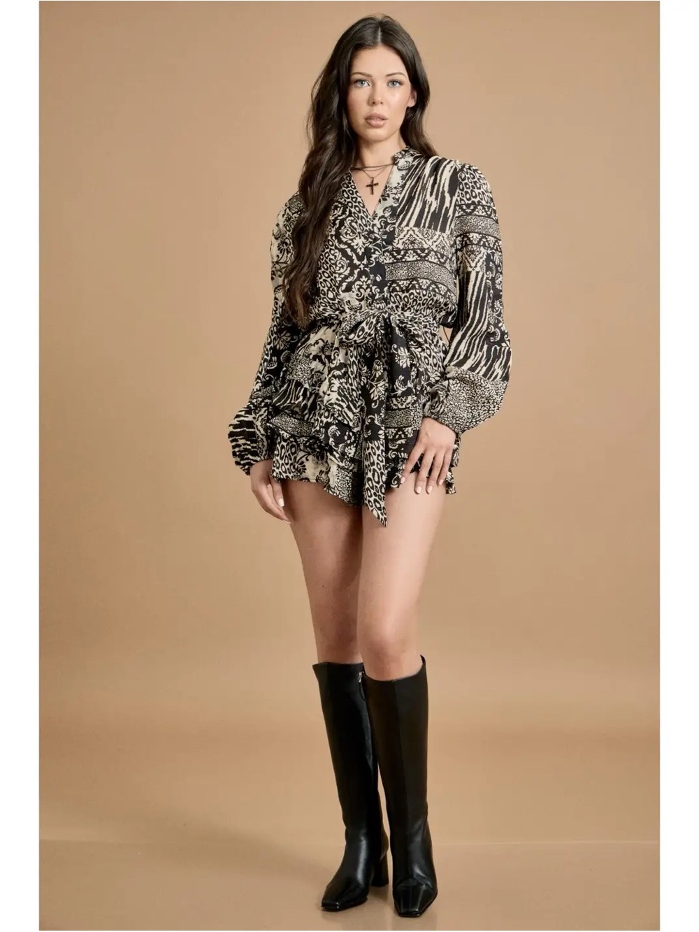 Fall Tie Waist Ruffle Romper - Picture 3 of 4
